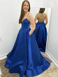 Simple Long A-line V Neck Backless Satin Formal Prom Dresses with Pockets