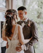 Simple Long A-Line V-neck Lace Backless Wedding Dresses