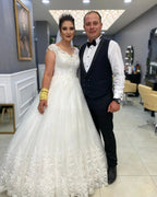 Simple Long A-line V-neck Lace Tulle Wedding Dress