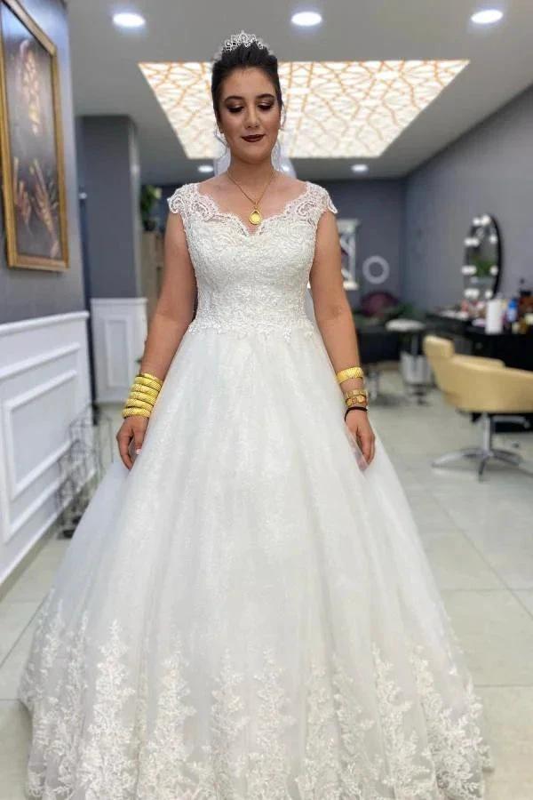 Simple Long A-line V-neck Lace Tulle Wedding Dress