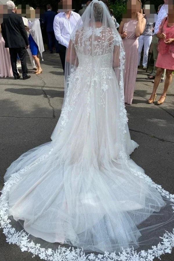 Simple Long A-Line V-neck Long Sleeves Wedding Dresses With Lace