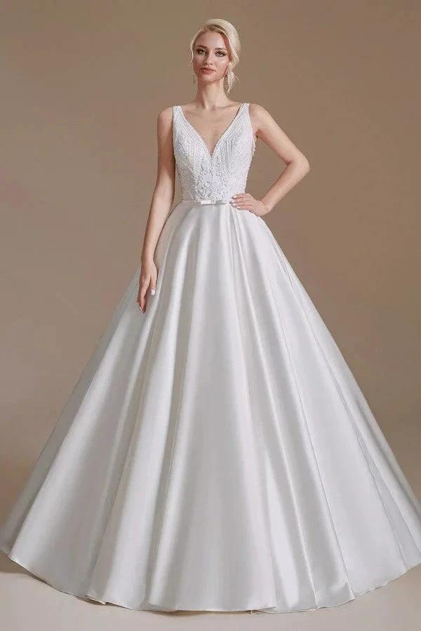 Simple Long A-line V-neck Satin Wedding Dress with Appliques Lace