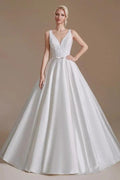 Simple Long A-line V-neck Satin Wedding Dress with Appliques Lace