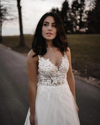 Simple Long A-line V-neck Tulle Backless Wedding Dress