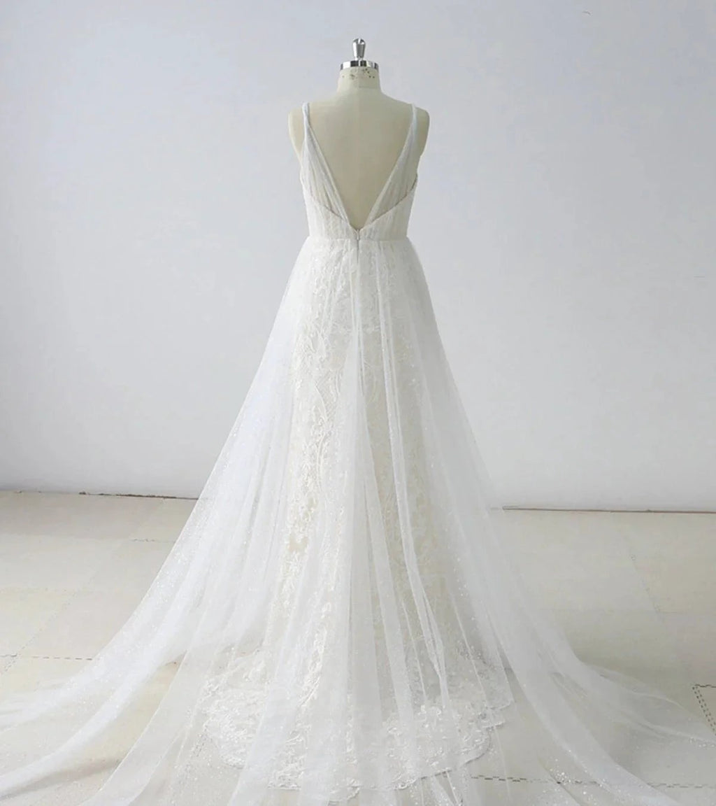 Simple Long A-line V Neck Tulle Wedding Dress