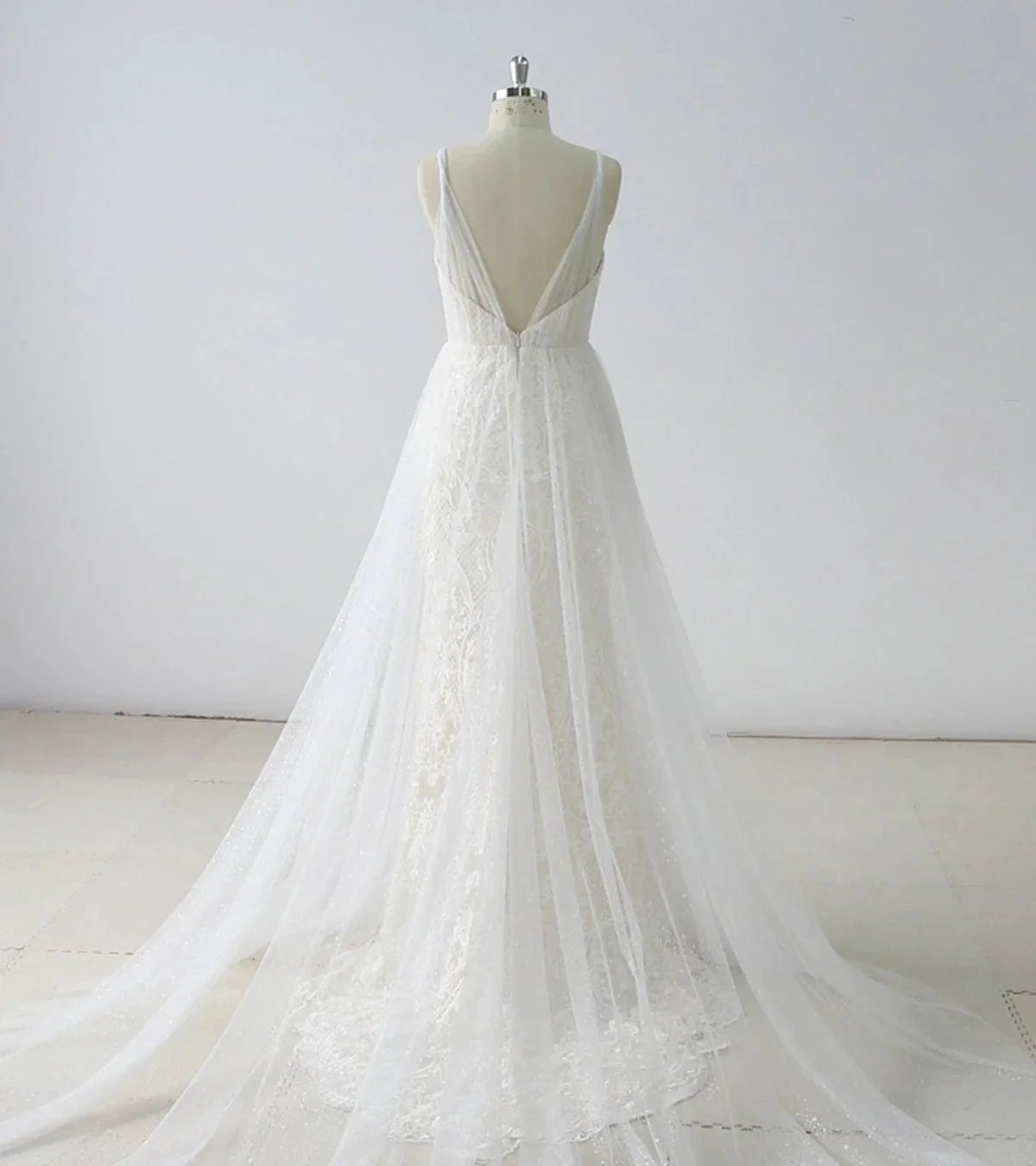 Simple Long A-line V Neck Tulle Wedding Dress