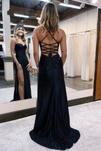 Simple Long Black Mermaid Spaghetti Straps Sequined Sleeveless Prom Dress With Slit