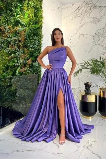 Simple Long Blue A-line One Shoulder Sleeveless Evening Dresses With Slit