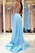 Simple Long Blue A-line V-neck Sleeveless Satin Evening Dress With Slit