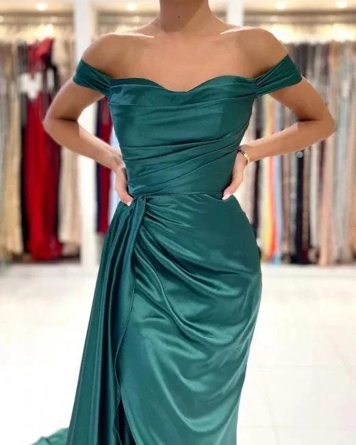 Simple Long Dark Green Off-the-shoulder Slit Mermaid Prom Dresses