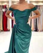 Simple Long Dark Green Off-the-shoulder Slit Mermaid Prom Dresses