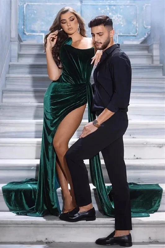 Simple Long Dark Green Sexy Velvet Sleeveless Prom Dress With Slit