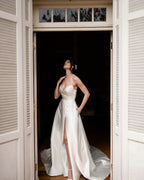 Simple Long Ivory V-neck A-line Sleeveless Wedding Dress With Slit