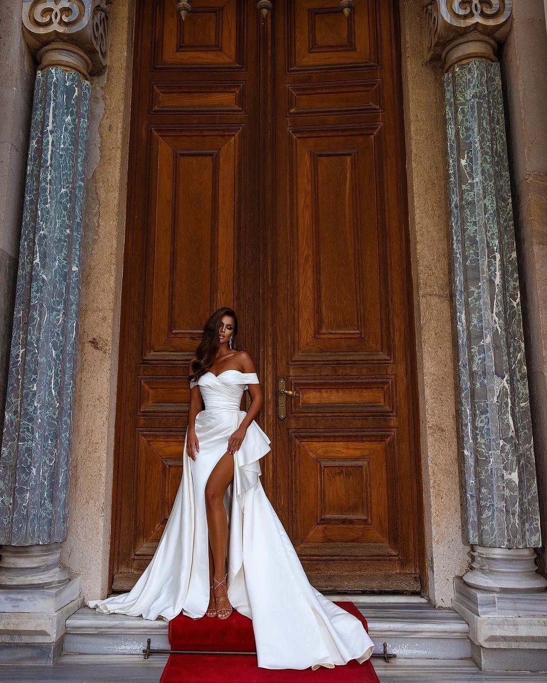 Simple Long Mermaid Off-the-shoulder Satin Wedding dress with slit