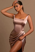 Simple Long Mermaid Straps Satin Sleeveless Formal Prom Dress With Slit