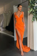 Simple Long Mermaid V-neck Sleeveless Prom Dress With Slit