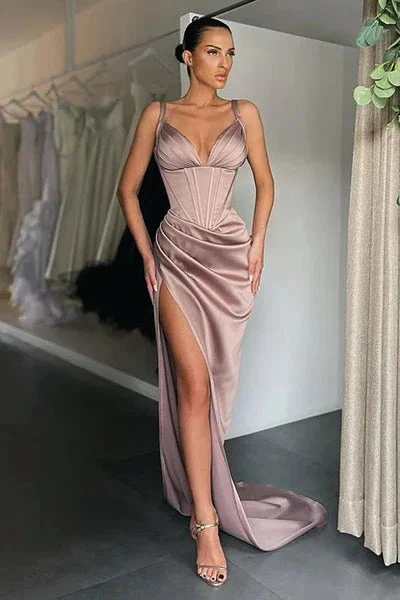 Simple Long Mermaid V-neck Sleeveless Prom Dress With Slit