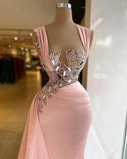 Simple Long Mermaid Wide Straps Crystal Ruffles Chiffon Prom Dress