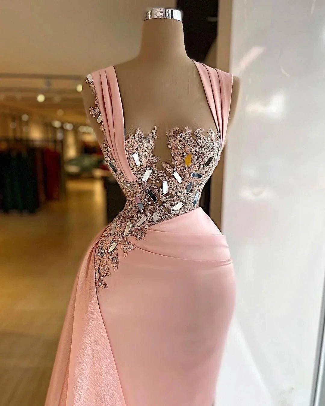 Simple Long Mermaid Wide Straps Crystal Ruffles Chiffon Prom Dress