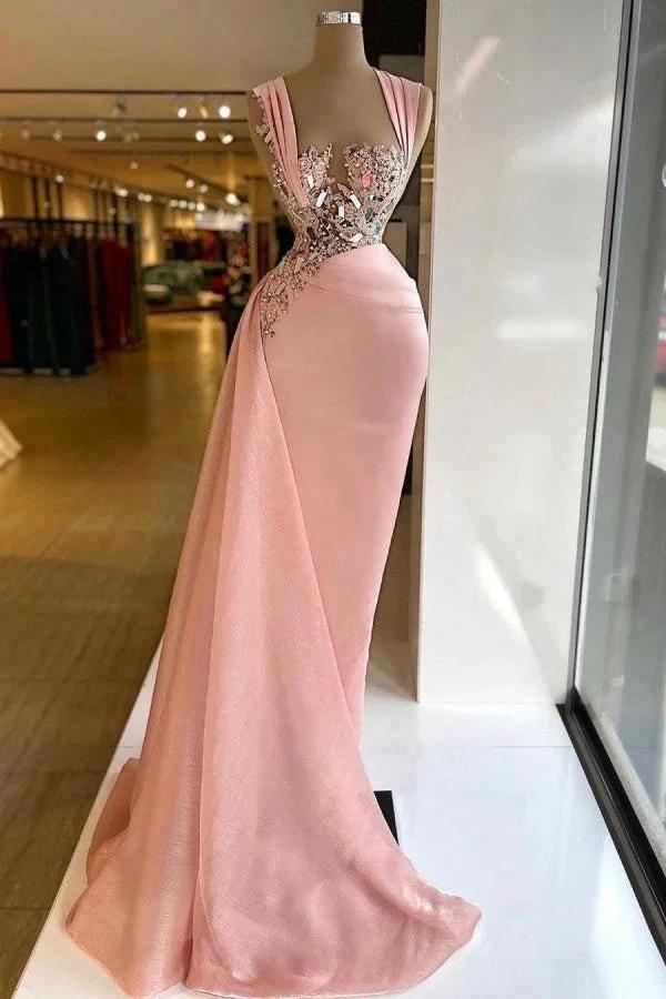 Simple Long Mermaid Wide Straps Crystal Ruffles Chiffon Prom Dress