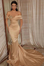 Simple Long off-the-shoulder Ruffles Satin Mermaid Prom Dress