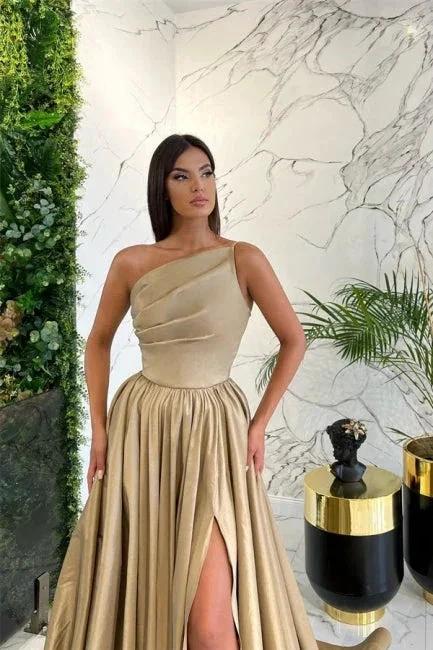Simple Long Red A-line One Shoulder Sleeveless Satin Prom Dresses With Slit
