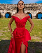 Simple Long Red Off-the-shoulder Split Mermaid Prom Dresses