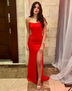 Simple Long Red Sexy Sleeveless Slit Mermaid Prom Dresses