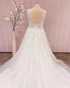 Simple Long V-neck A-Line Backless Wedding Dress With Appliques Lace