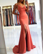 Simple Long V-neck Backless Mermaid Prom Dress with Slit