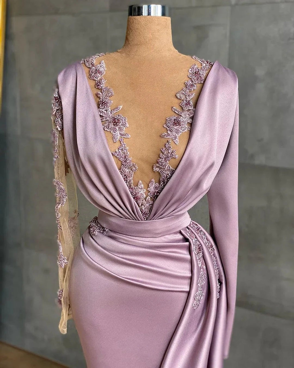 Simple Long  V-neck Lace Mermaid Prom Dress with Sleeves