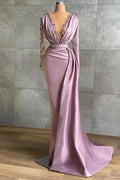 Simple Long  V-neck Lace Mermaid Prom Dress with Sleeves