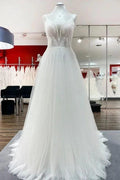 Simple Long V-neck Sequins Ruffles A-line Tulle Backless Wedding Dress