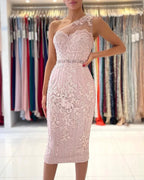 Simple Mermaid One Shoulder Floral Lace Short Formal Party Dress