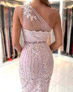 Simple Mermaid One Shoulder Floral Lace Short Formal Party Dress