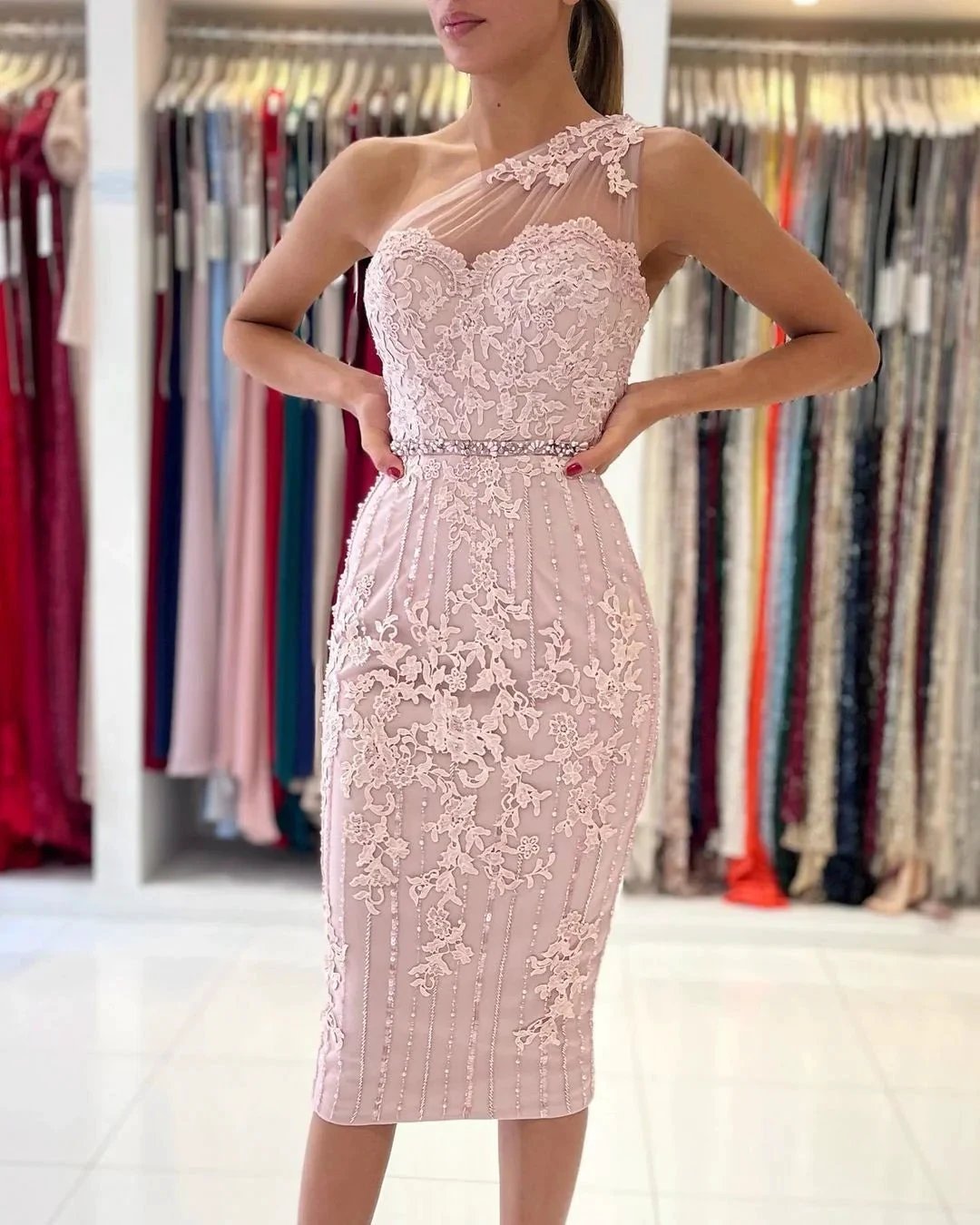 Simple Mermaid One Shoulder Floral Lace Short Formal Party Dress