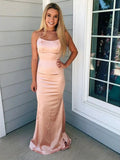 Simple Mermaid Spaghetti Straps Satin Backless Long Prom Formal Evening Dresses