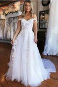 Simple Off-the-shoulder A-line Sleeveless Wedding Dress With Lace