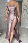 Simple Off-the-shoulder Sleeveless Satin Split Front Mermaid Prom Dress