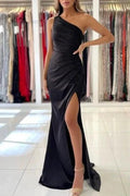 Simple One-shoulder Sleeveless Mermaid Floor-Length Prom Dresses with Ruffles
