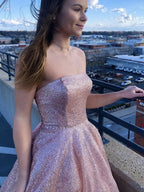 Simple Pink Long A-line Strapless Glitter Tulle Formal Prom Dresses