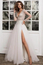 Simple Pleats Sequins V-neck Long Sleeve Brush A-Line Wedding Dresses