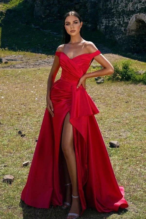 Simple Red A-line Off-the-shoulder Long Prom dress with Slit