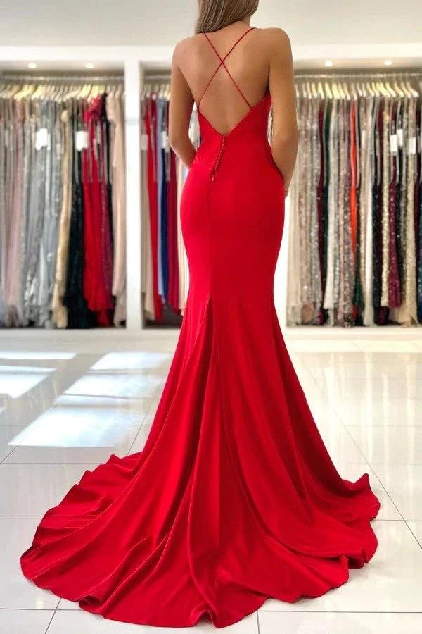 Simple Red Long Mermaid V-neck Open Back Prom Dresses