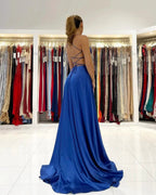 Simple Royal Blue A-line V-neck Backless Long Prom Dress with Slit