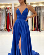 Simple Royal Blue A-line V-neck Backless Long Prom Dress with Slit