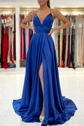 Simple Royal Blue A-line V-neck Backless Long Prom Dress with Slit