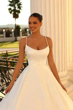 Simple spaghetti straps sleeveless ball gown satin wedding dress