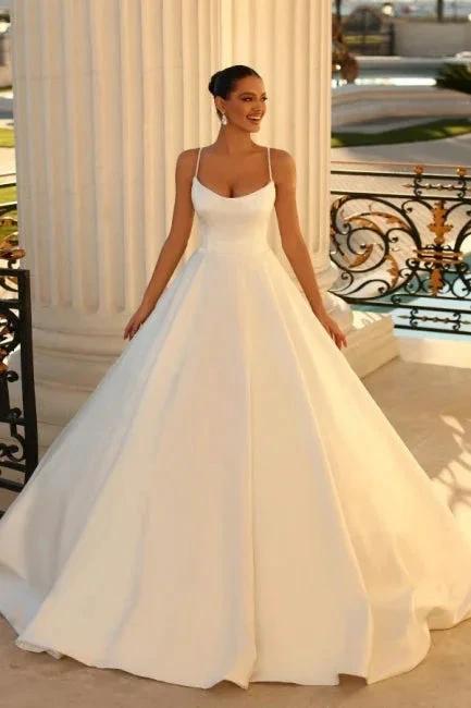 Simple spaghetti straps sleeveless ball gown satin wedding dress
