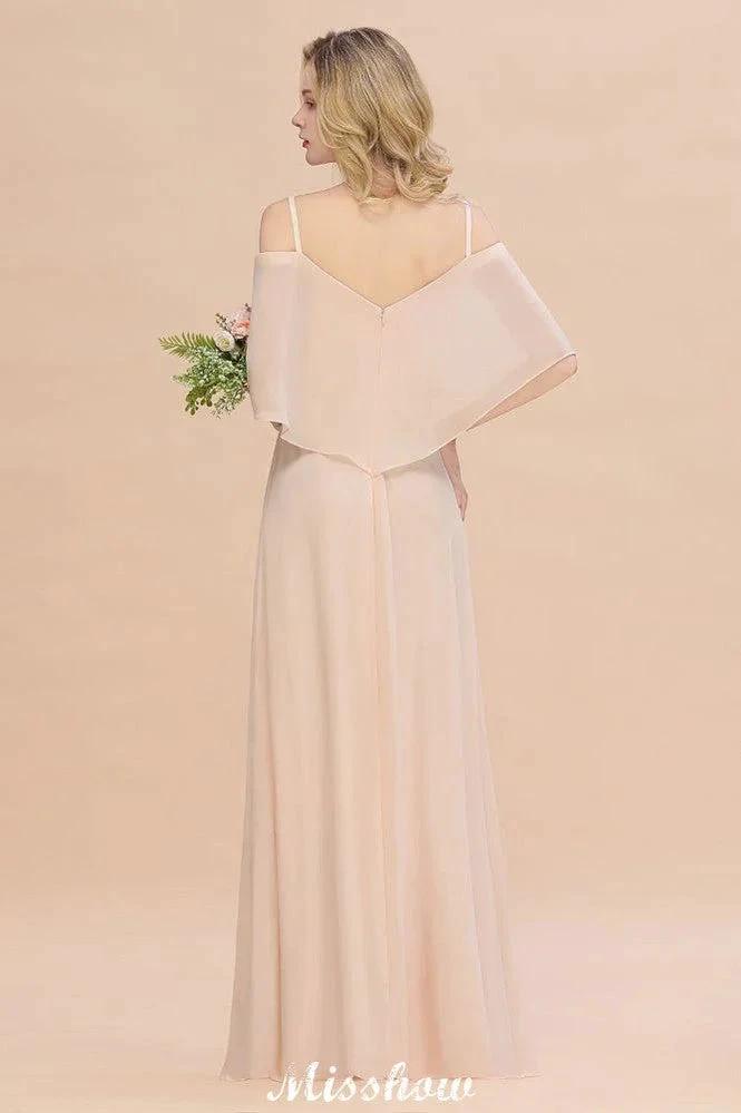 Simple Spaghetti Straps Tiered Bridesmaid Dresses | Side Slit A-Line Sleeveless Evening Maxi Dresses